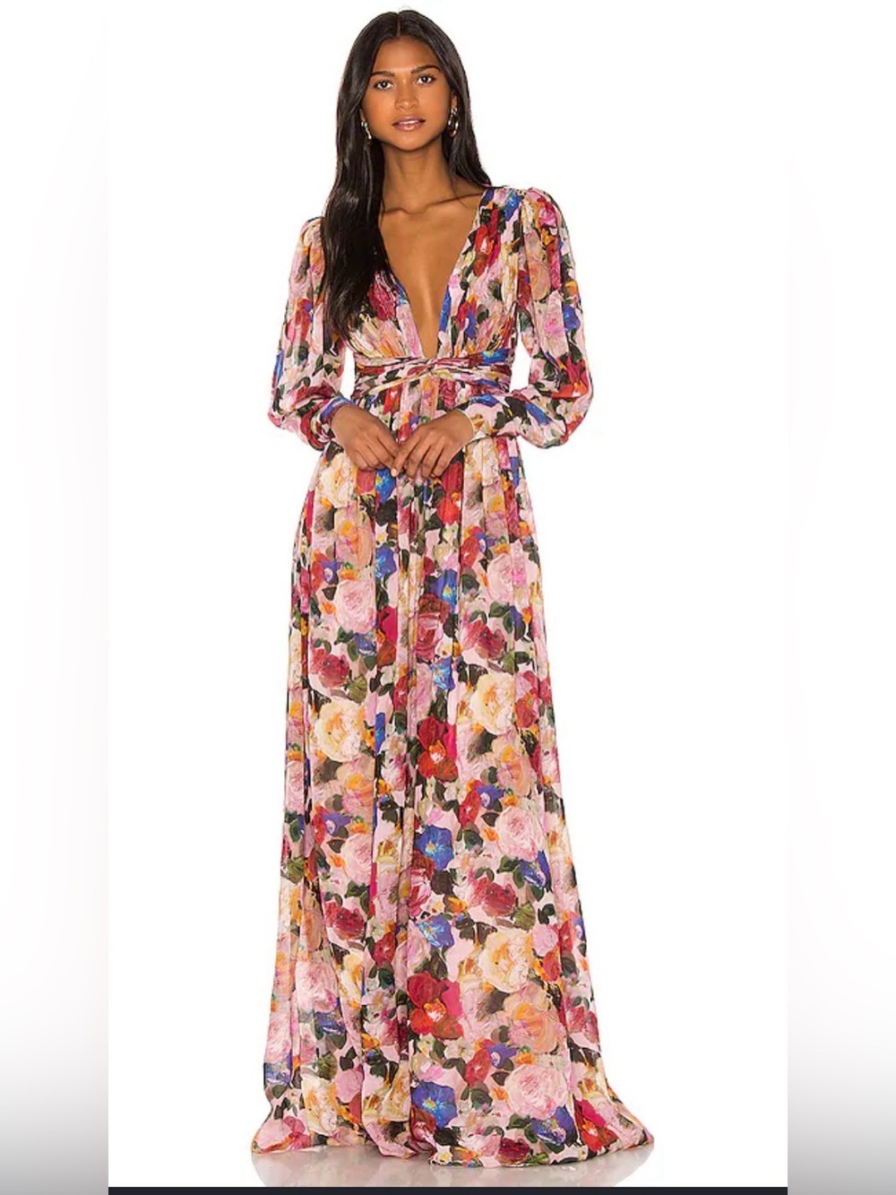 Ronny Kobo Revolve Floral Maxi Dress with Deep V-Neck Like New Size Medium